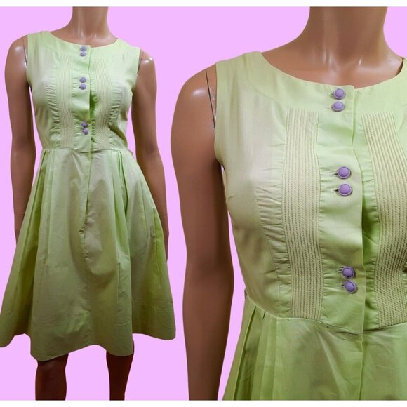 Vintage 50s 60s Day Dress Green Sleeveless Tea Dress Sundress Knee Length Sz XS - Picture 2 of 12